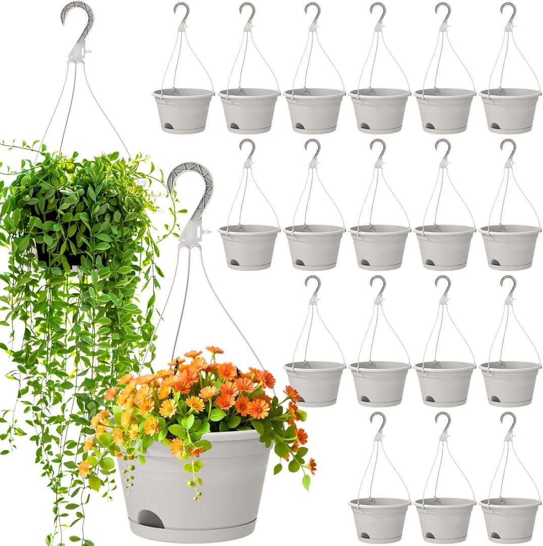 Roshtia 20 Pcs 10 Inch Hanging Baskets for Plants Large Plastic Hanging Basket Pots with Drainage Trays Self Watering Planter Pots for Outdoor Indoor Plants Flowers Garden Balcony (Grey White)