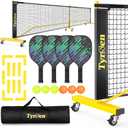 Pickleball Net Set, Pickleball Net on Wheels for Driveway Backyard, 22FT Regular Size, 4 Pickleball Paddles & 6 Balls, 12 Court Markers, 1 Carry Bag, Pickleball Set for Indoor Outdoor Play