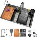 31.5x17.7 Inch Waterfall Kitchen Sink, Black Single Bowl Sinks Pull Down Sprayhead Faucet Kitchen Sink with Cup Washer