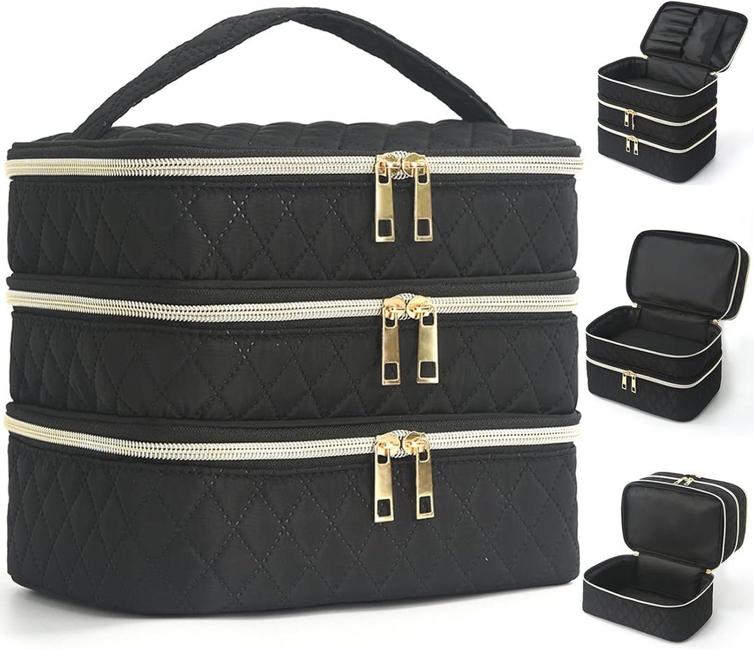 Travel Makeup Bag for Women Three Layer Large Cosmetic Case Water-resistant Toiletry Bag Organizer for Store Toiletries Cosmetic Accessories and Manicure Sets Black