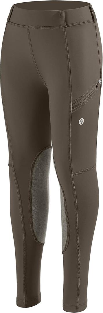 SANTINY Girls Horse Riding Pants with Zipper Pockets Kids Stretchy Equestrian Breeches Knee-Patch Youth Schooling Tights (Small, Brown)