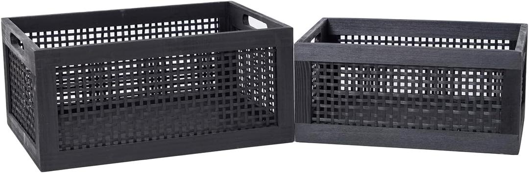 YRLSOTGE Wooden Storage Baskets,Black Woven Bamboo Basket Nesting Boxes with Built-in Handle for Pantry, Kitchen,Living Room,Shelves,Set of 2