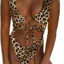 CHYRII Women's Sexy Cutout Lace Up Backless High Cut One Piece Swimsuit Monokini (Large, Leopard)