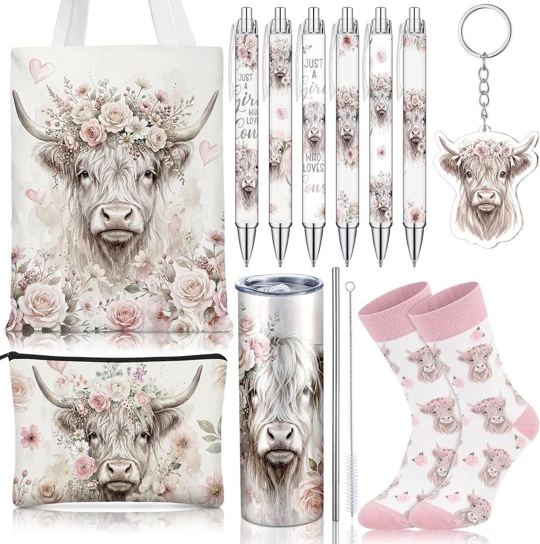 6 Pcs Highland Cow Gift Set for Women Pink Highland Cows Stuff with 20 oz Tumbler Canvas Tote Makeup Bag Keychain Pens for Girls Animal Lovers
