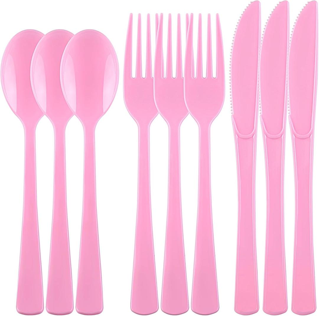 Kochorie 300 Pieces Graduation Light Pink Plastic Silverware Heavy Duty Plastic Cutlery Set Heavyweight Disposable Flatware Includes Spoons Forks Knifes for Birthday Party Prom Night Wedding Dinner
