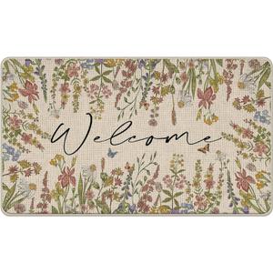 Spring Summer Floral Welcome Front Door Mat, Vintage Flower | Wildflower Decorative Doormat Non-Slip Floor Entryway Rug, Botanical Farmhouse Indoor Outdoor Home Kitchen Decoration
