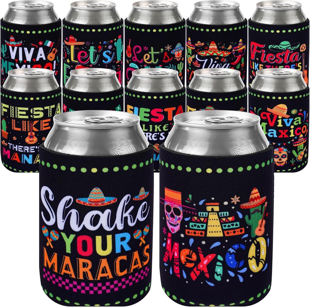 Mexican Party Can Cooler Sleeve - 12 Pcs Mexican Fiesta Decorations 12 oz Soda Beer Beverages Cans Sleeves Covers for Cinco De Mayo Party Supplies, Taco Twosday Birthday Theme Favor Decor