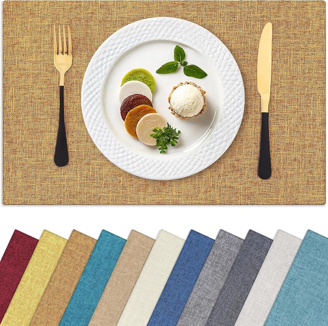 Homaxy Cloths Placemats for Dining Table Set of 6, Heat Resistant Washable Cotton Linen Blend Table Mats, Easy to Clean Place Mats for Indoor Outdoor Party Kitchen Decoration, 13" x 19", Amber