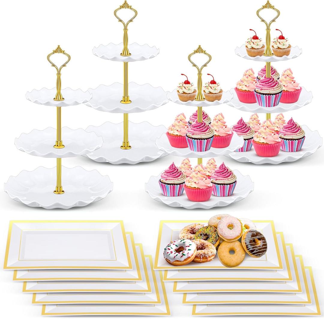 14 Pcs Dessert Table Stands Set 3 Tier Plastic Cupcake Stands Cookie Display Tower Gold Rim Dessert Serving Tray for Party Wedding Birthday Bridal Baby Shower (White and Gold)