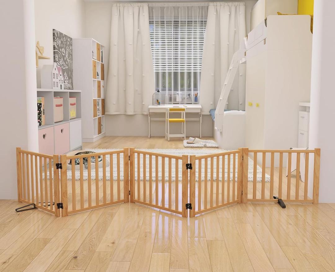 YOCAN Paint-Free Wooden Freestanding Dog Gates for The House,Doorways, Stairs,Wood Dog Fences Indoor Pet Gate,Step Over Fence, 5 Panel H:16.9''