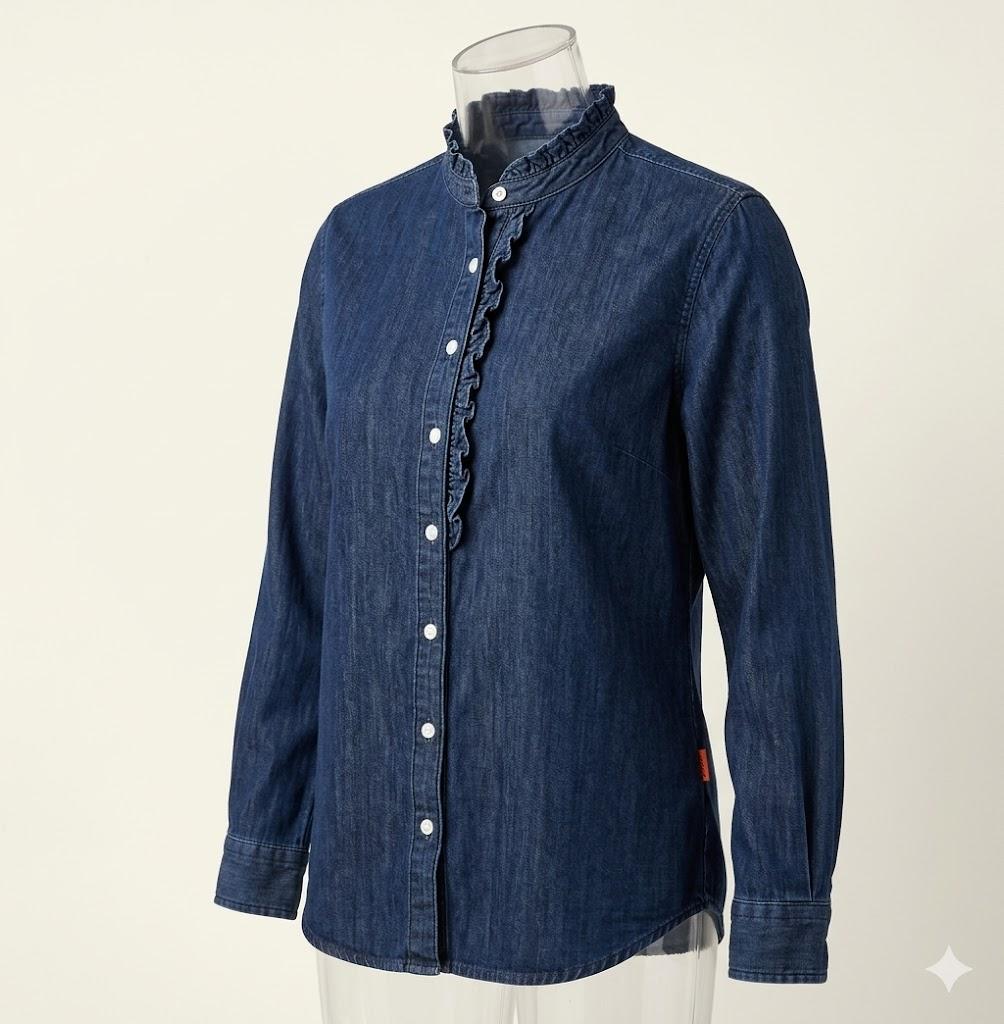 Denim Shirt Ruffle Collar Long Sleeve Button Down Top L