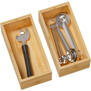 Kitchen Drawer Organizer Bins, Stackable Bamboo Deep Drawer Organizer for Silverware, Utensils, Cutlery, Flatware, Junk Drawer, Dresser, Bathroom, 6" x 3" x 2.5" (Set of 2)