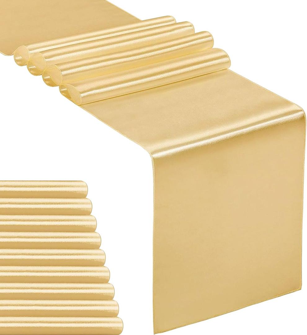 10-Pack Satin Table Runner Light Gold 12 x 108 inches Long, Table Runners for Wedding, Birthday Parties, Banquets Decorations10 Pack, 12x108 Inch, Light Gold