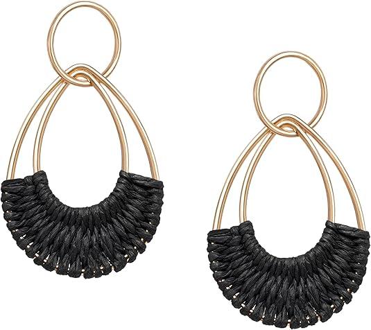 Raffia Hoop Earrings for Women Fun Boho Summer Beach Earrings Lightweight Handmade Straw Wicker Rattan Dangle Earrings Statement Geometric Round Drop Earrings