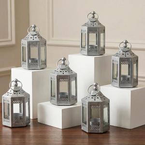 VELA LANTERNS 6pc Mini Small 4.5 Inch Metal Moroccan Lanterns Decorative Candle Tealight Holders for Centerpieces, Ramadan, Home Decor, Weddings, Silver