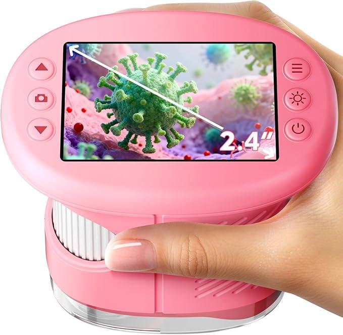 1000X Handheld Microscope with 12 Slides, 4K 2.4" Screen Digital Microscopes for Kids, Portable Edu Toys Gifts for Age 3 4 5 6 7 8 9 10 11 12 Year Old Boys Girls Children Students(Pink)