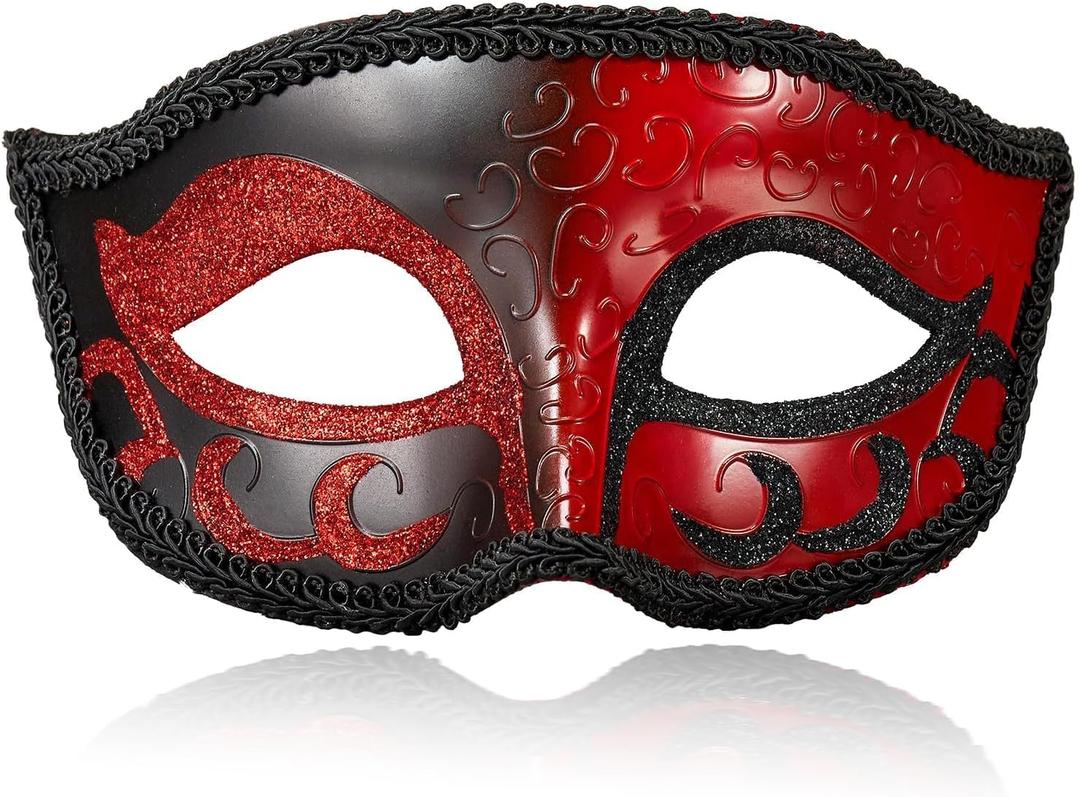 MYSEUNI 2025 New Masquerade Mask for Men, Venetian Mens Masquerade Mask for Halloween Party Mardi Gras Mascarade Ball (Black Red)