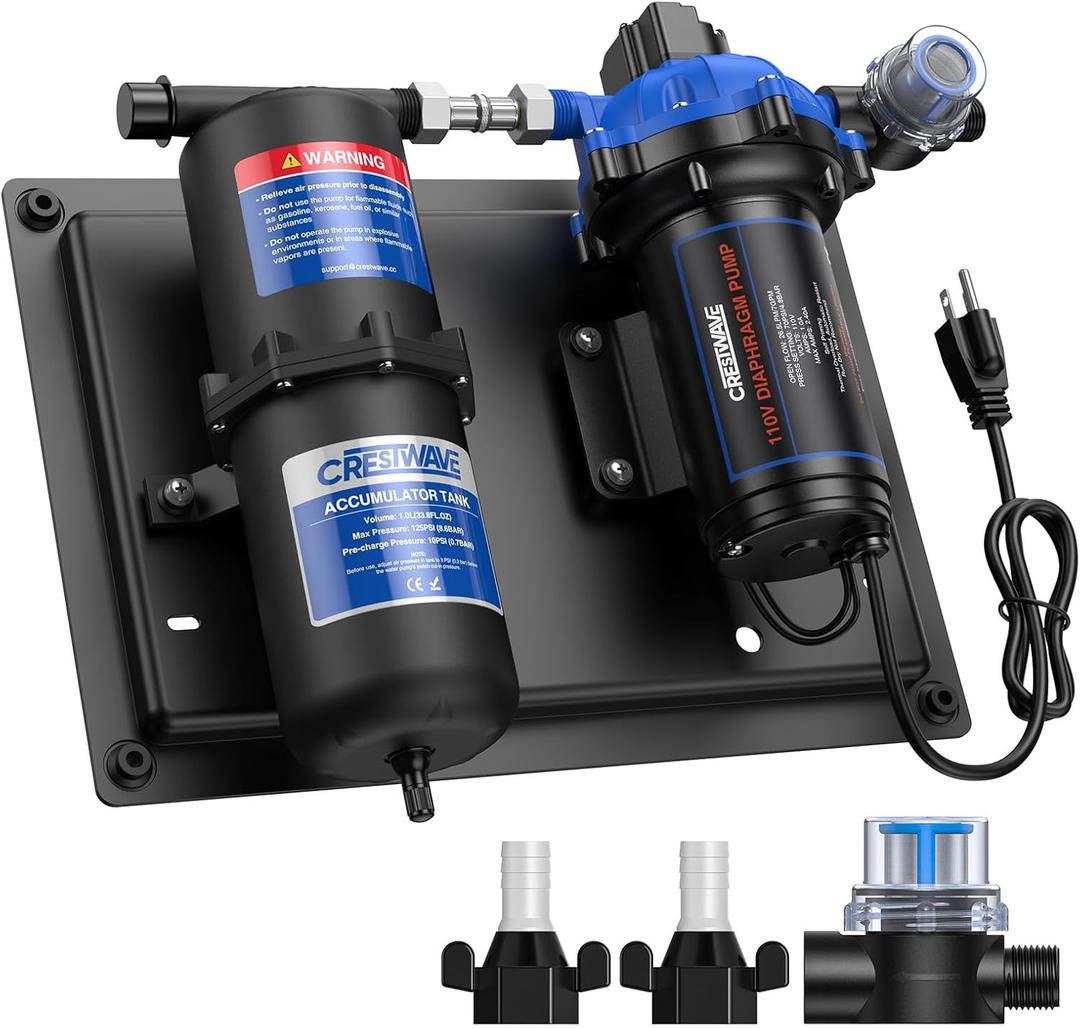 CrestWave RV Water Pump 110V AC 7GPM 70PSI and 1L 125PSI Pre-Pressurized Accumulator Tank, Quiet Water Transfer Pump and Accumulator Tank System for Home Water System, Irrigating & Industrial Settings