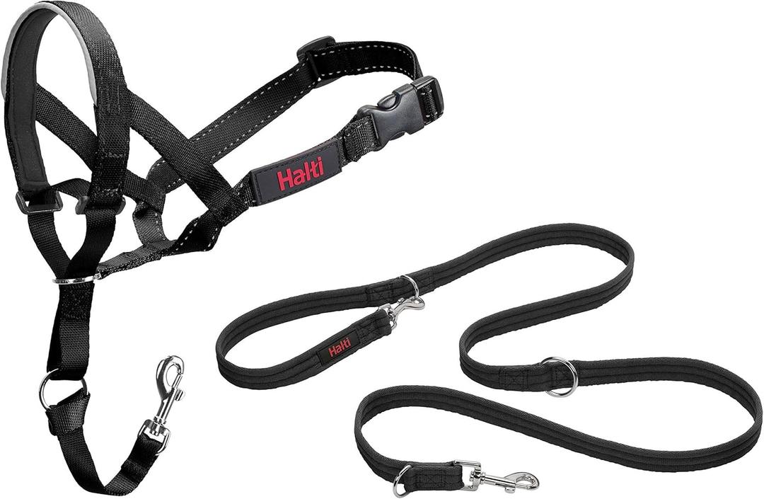 Halti Headcollar Size 4, Black & Halti Training Leash Size Large, Black Combination Pack - Stop Your Dog Pulling on the Leash. Adjustable, Lightweight with Padded Nose Band. Suitable for Large Dogs