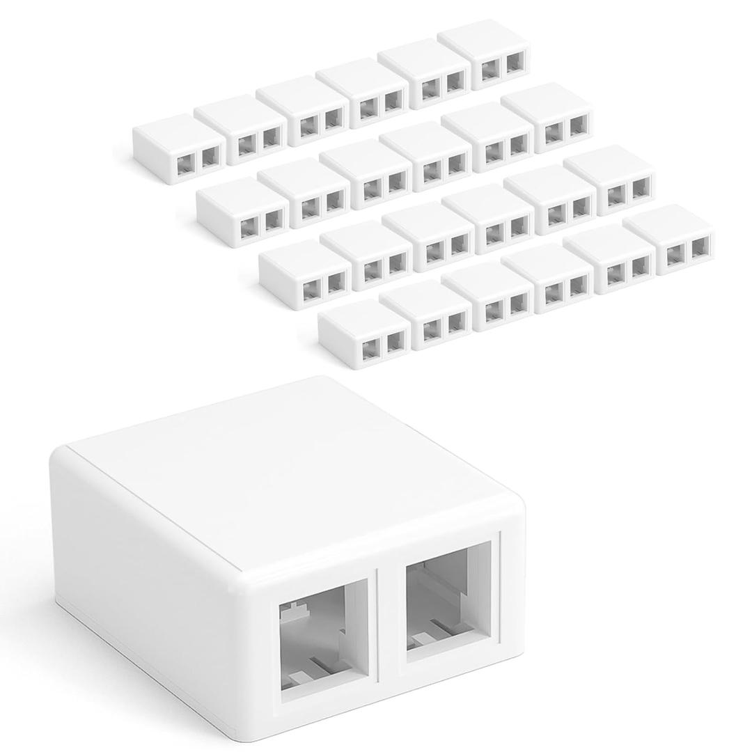VCELINK Keystone Jack Surface Mount Box 2-Port for UTP Cat6/Cat5e/Cat5 RJ45 Keystone Jacks, 25-Pack, White