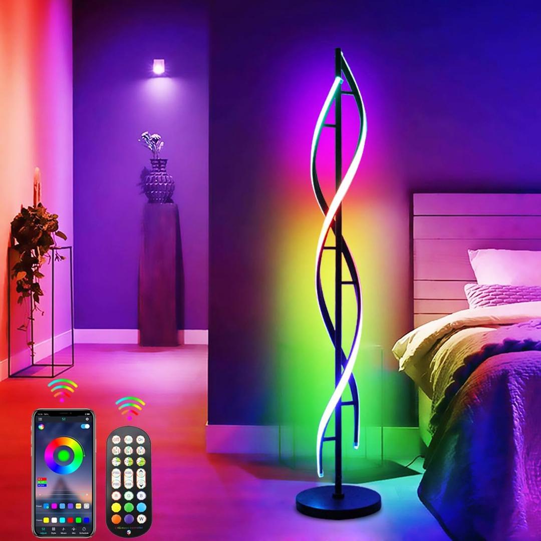 BESKETIE RGB Spiral Floor Lamp, Unique LED Corner Standing Lamps with Remote Control, Dimmable Color Changing Mood Lighting for Living Room, Bedroom, Gaming Room - Black