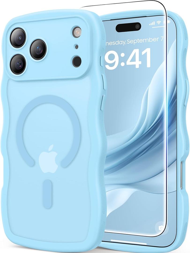 Magnetic for iPhone 17 Pro Max Case, 1X Screen Protector+1X Wrist Strap, Cute Wavy [Compatible with MagSafe][Full Camera Protection] Trendy Matte Women Girly Case for iPhone 17 Pro Max 6.9", Sky Blue