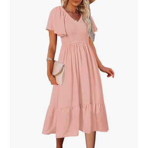 MEROKEETY Women's Summer Casual V Neck Ruffle Sleeve Smocked High Waist Midi Dress with Pockets, XXL