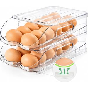 SMRCAD Egg Holder for Fridge, Automatic Steady Rolling Egg Container with Soft Bumpers & Handle for Refrigerator, Stackable Fridge Organizers and Storage with Lid, 2 Tier Holder 24 Eggs