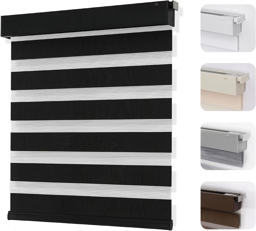Joydeco No Drill Zebra Blinds for Windows, Cordless Day & Night Dual Sheer Roller Shades, Easy Installation, Free-Stop Lift System, Light Filtering Privacy Blinds for Home(Black,35" W x 75" H)