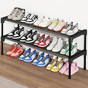 SAN HE Long Shoe Rack-Shoe Organizer 2 Tier Shoe Rack for Closet Front Door Entryway Garage, Stackable Free Standing and Freely Combinable Shoe Storage, Space Saving Small Shoe Shelves.