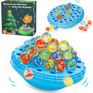 Marble Balance Game - 50 Colorful Marbles with Built-in Storage, Fun Family Challenge for 1-4 Players, Educational Toy for Kids & Adults, Perfect for Parties, Travel & Birthday Gifts (Blue)