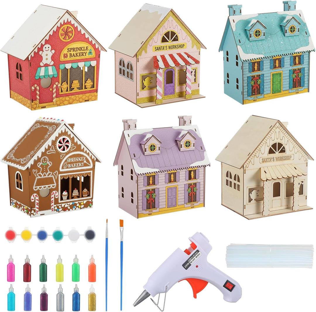 Thyle 6 Pcs DIY Wooden Christmas Gingerbread House Paints Kit, Unfinished Paint and Sip Kit Wooden 3D Holiday House for Adult Craft with Glitter Glue Paint Pen for Christmas Girl Night Art Favor Decor