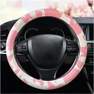 Dotesy Leather Cow Pattern Steering Wheel Cover Protector Cow Print Car Accessories Anti Slip Universal for 36.5-38cm (Pink White)