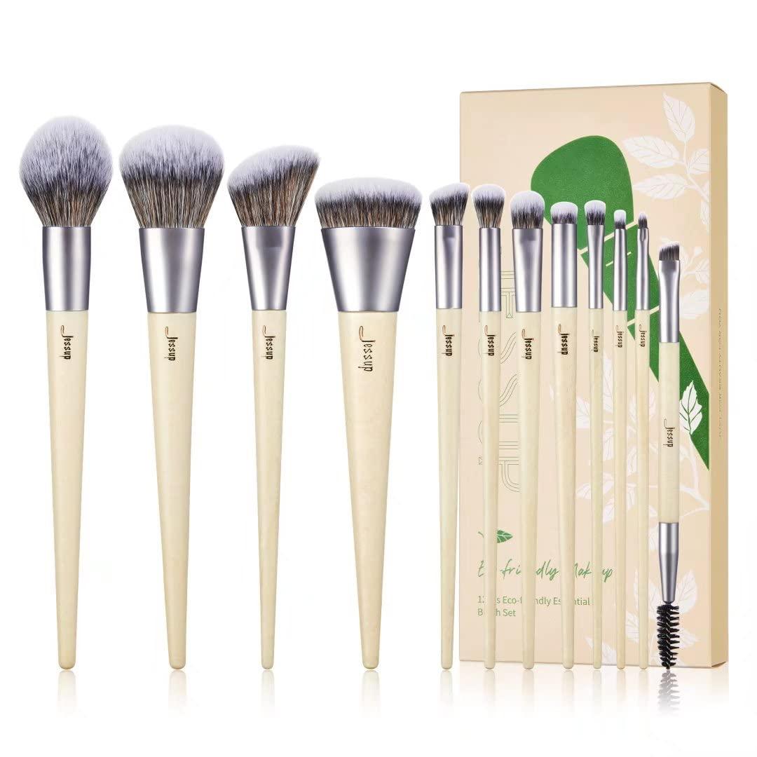 Jessup Vegan Makeup Brushes Set Premium Synthetic Powder Foundation Highlight Concealer Eyeshadow Blending Eyebrow Liner Spoolie Brush Set Burlywood 12pcs T327
