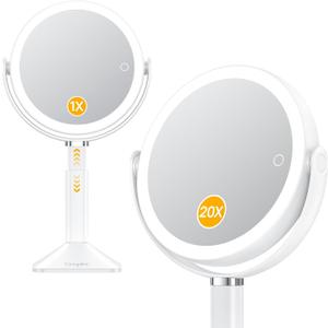Gospire 20X Magnifying Vanity Mirror with Lights - Height Adjustable Lighted Makeup Mirror with Magnification, 4000mAh Rechargeable Battery, 3 Colored Dimmable Light for Desk Home Travel, White