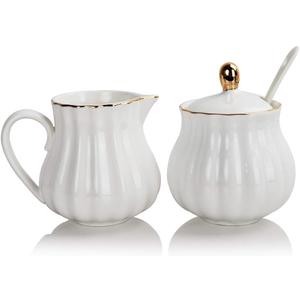 Sweejar Royal Ceramic Sugar and Creamer Set, 3 Piece Set with Cream Pitcher, Sugar Bowl, Sugar Set with Lid & Spoon, Coffee Serving Set Wedding Gift(White)