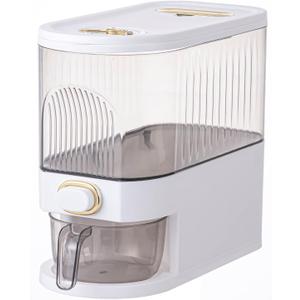Sooyee 11Lbs Rice Dispenser, Large Grain Container Storage with Lid Measuring Cylinder Moisture Proof Household Cereal Dispenser Bucket for Kitchen Soybean Corn,Clear and White (11 Lbs)