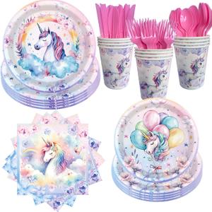 168Pcs Unicorn Birthday Decorations Plates Set, Party Supplies Pastel Rainbow Plates Napkins Cups and Cutlery for 24 Guests (Unicorn - A)