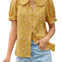 ECOWISH Women's Button Up Shirt - Peter Pan Collar Frilled Short Sleeve Summer Tops Casual Cotton Retro Floral Blouse
M