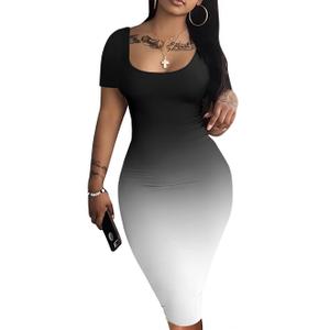 Nimsruc Summer Bodycon Dresses for Women Short Sleeve Midi Dress Blk Grad L (L)