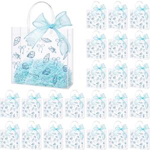 Sweetude 24 Pcs Blue Bow Seashell Clear PVC Gift Bags with Handle and Ribbon, Ocean Party Favor Bags Bulk Beach Goodie Treat Tote for Birthday Summer Wedding Party Supplies, 7.9" x 7.9" x 3.2"