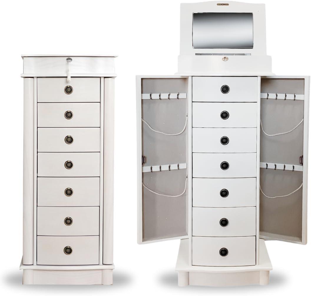 Hives and Honey Nora Jewelry Armoire Cabinet with Mirror  7 Drawers, Locking Top, Necklace Hooks, Anti-Tarnish Felt  Traditional Standing Jewelry Organizer for Women, White