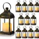 12 Set 10 Inch Bronze Decorative Candle Lanterns Bulk Lanterns Centerpiece with LED Flameless Candle Indoor Outdoor Battery Powered Hanging Lights for Wedding Mother Day Party Decoration