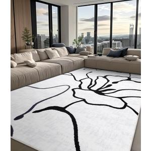 chakme Modern Abstract Washable Rugs 5x7, Non Slip Soft White and Black Area Rug for Bedroom, Thin Geometric Minimalist Striped Rug, Stain Resistant Area Rug for Living Room (5x7(Medium), Floral)