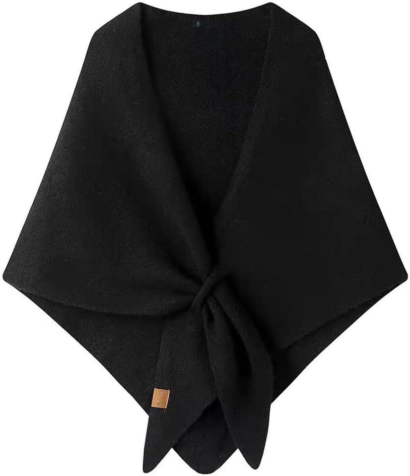 Winter Warm Shawl Wraps for Women Knitted Striped Knotted Cardigan Cape Soft Triangle Scarf Wrap Travel Elegant Tops Poncho (Black)