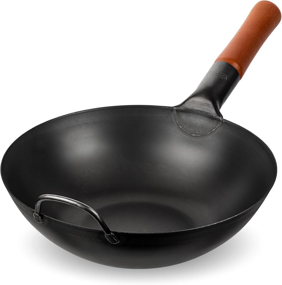 YOSUKATA 11.8" Carbon Steel Wok Pan Pre-Seasoned Flat Bottom Pow Wok for Stir Fry, BBQ, Grill & Camping Traditional Japanese Chinese Cookware Compatible with Induction, Electric, Gas, Open Fire