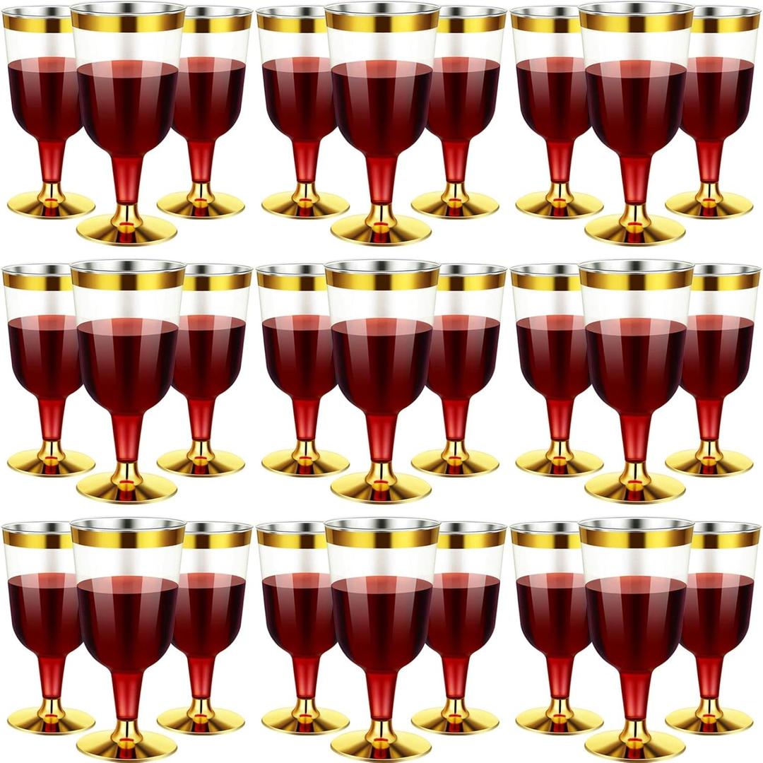 CHENGU 100 Pieces Plastic Disposable Wine Glasses with Gold Rim 7 Oz Clear Hard Plastic Fancy Wine Cups with Stem for Wedding Birthday Anniversary Party Supplies