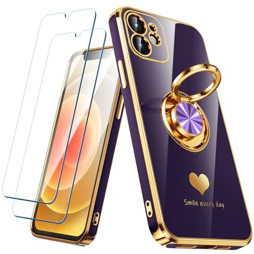 Nonional Compatible for iPhone 12 Case with 2 Pack Screen Protector, 360° Rotatable Ring Holder [Luxury Hearts Pattern] Plating Gold Edge Slim Soft Phone Cover Case for iPhone 12 - Purple