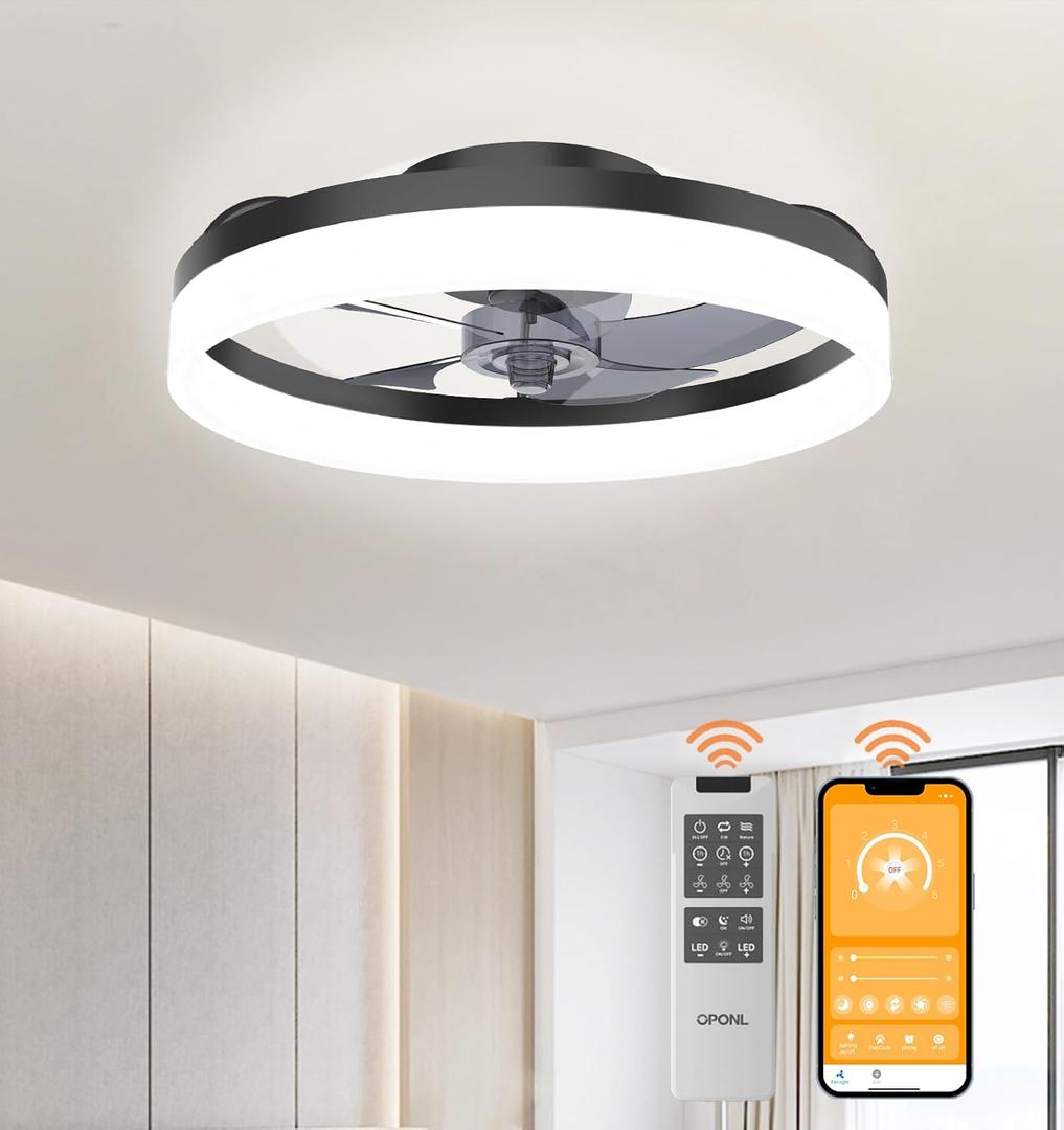19.7" Black Modern Ceiling Fan with Light and Remote, Dimmable, 3000k-6000k 6CCT, 6 Winds Speeds, Flush Mount, Low Profile, Bladeless Ceiling Fan for Bedroom