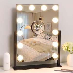 Vanity Mirror with Lights,Lighted Vanity Mirror with 12 Dimmable Bulbs for Dressing Room & Bedroom,3 Color Lighting,Modes Detachable 10x Magnification 360Ratation (16.8"L x 13.3"W, Black)